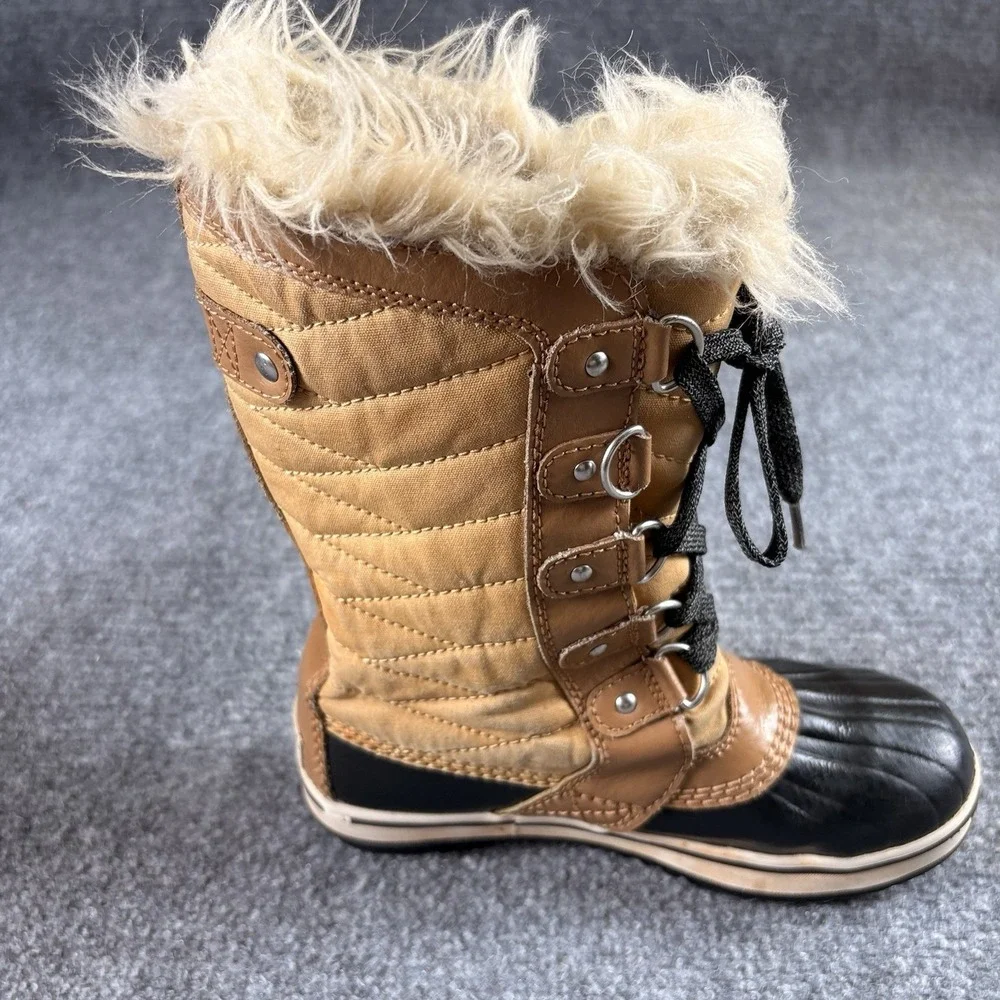 Sorel Tofino II Snow Boots Girls Youth 2 Tan Black Faux Fur Waterproof NY2419